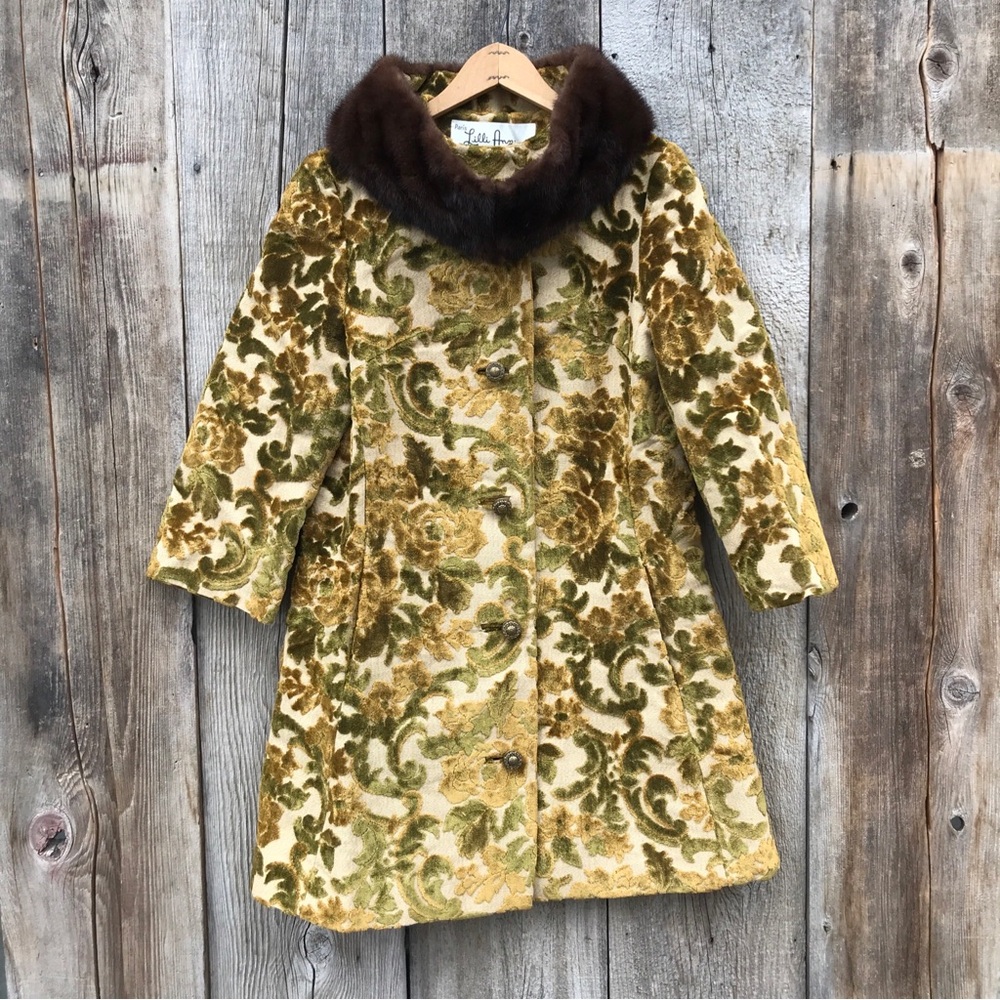 VTG 50s Lilli Ann of San Francisco Velvet Tapestry Coat Fur Stole Collar Med.